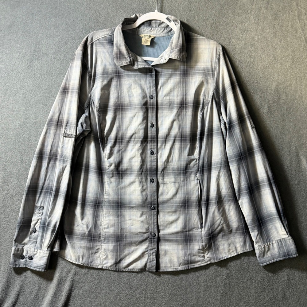 Duluth Trading Co Armachillo Plaid Button Down Shirt Grey White Women 2XL